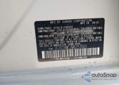 2021 Subaru Crosstrek Limited z USA, uszkodzony, nr VIN JF2GTHMC2M8257601